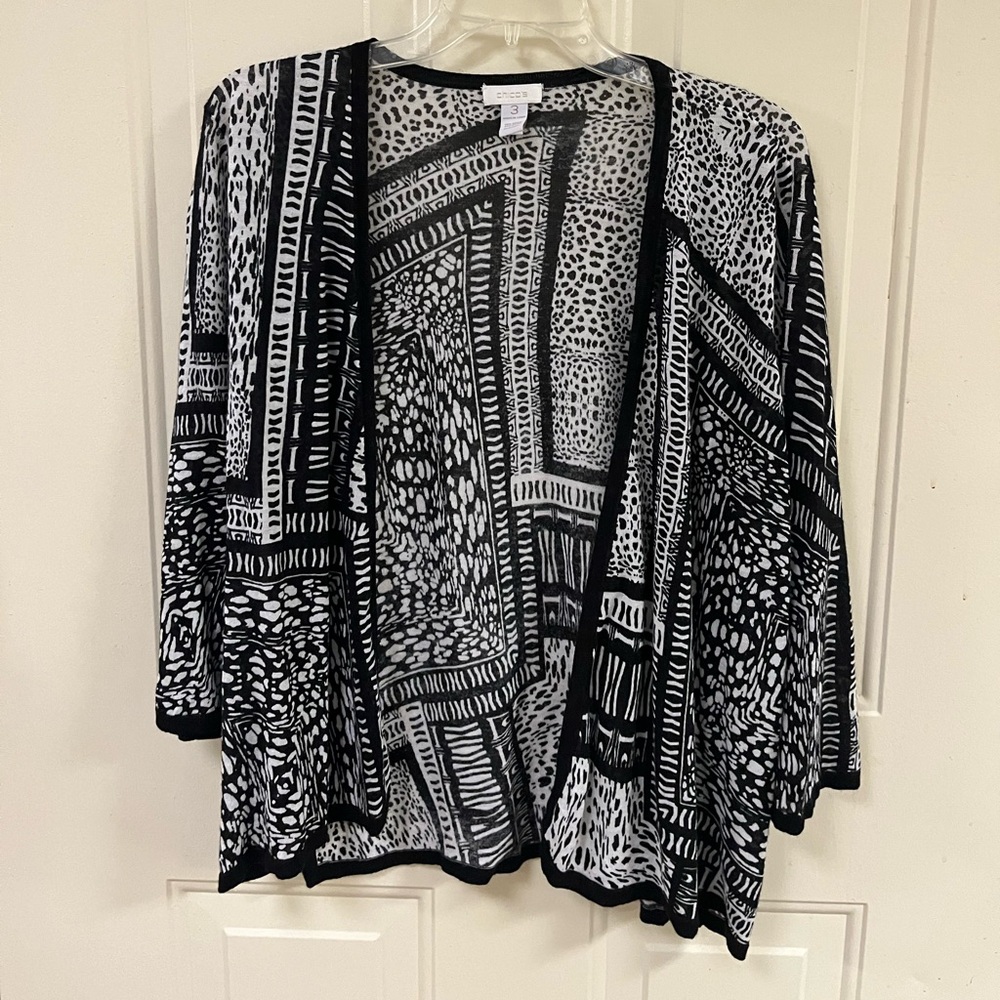Chico's Black and White Graphic Open Cardigan